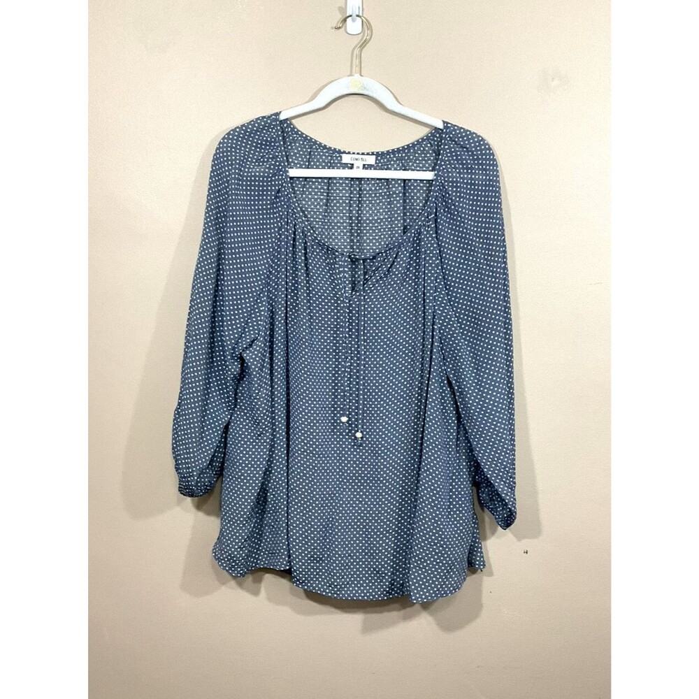 Como Blu Womens Polka Dot Peasant Shirt 2X Blue Coastal Minimalist Flowy Boho